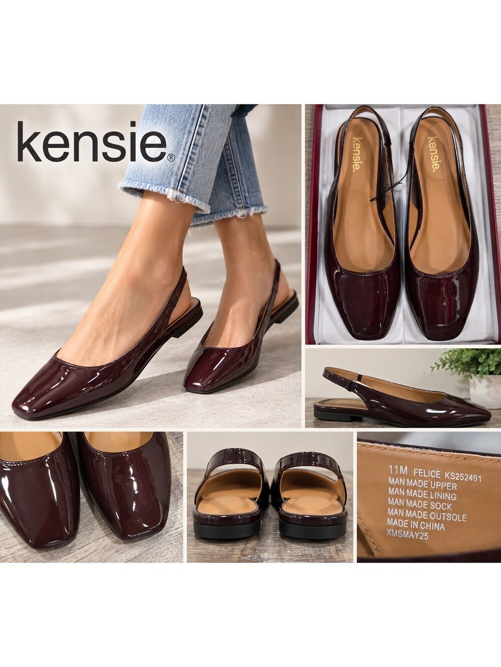 Kensie Felice Patent Slingback Flats Size 11 Burgundy Red NIB